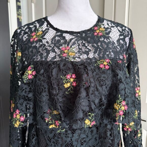 Zara Navy Ruffle Lace Dress with Embroidered Floral Detail Size S - Picture 2 of 7